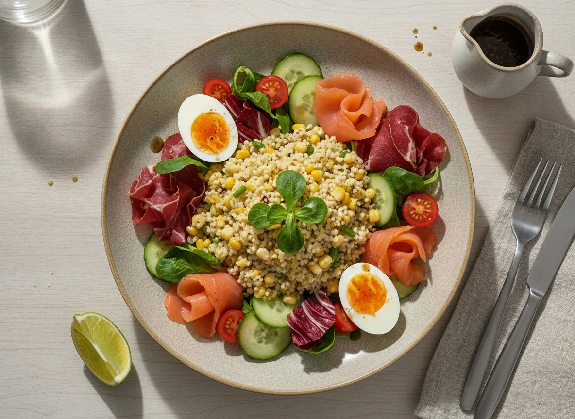 Mixed Salad with Smoked Salmon, Bündnerfleisch, and Boiled Egg photo