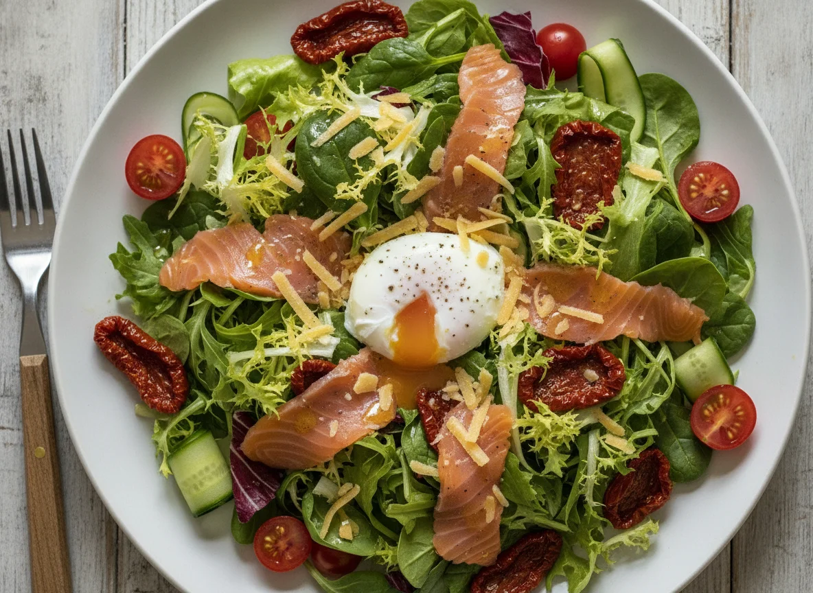 Mixed salad with smoked salmon, poached egg, and cheese photo