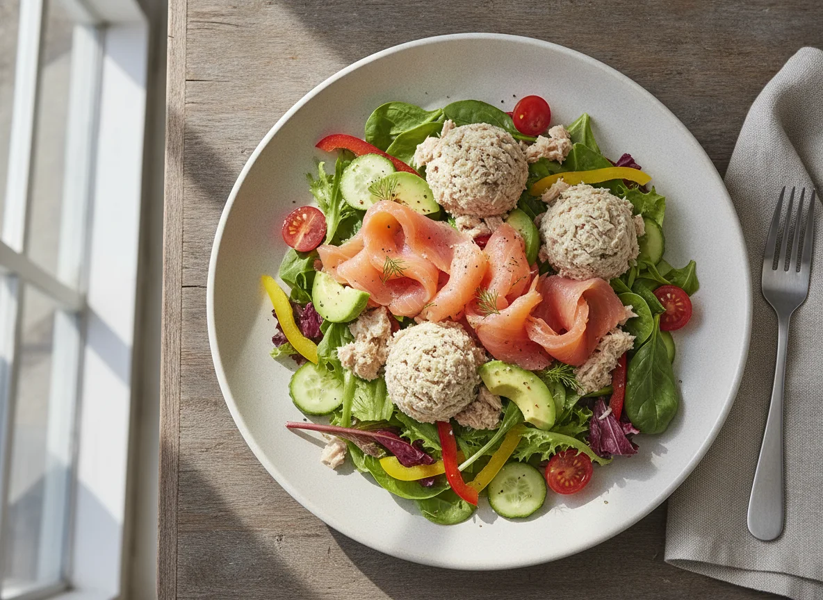 Mixed Salad with Smoked Salmon, Tuna, and Avocado photo