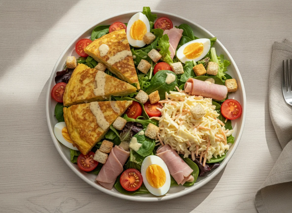 Mixed salad with Spanish omelette and coleslaw photo