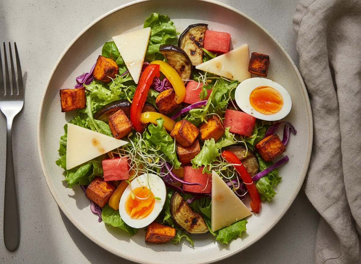 Mixed salad with sweet potato, egg, cheese and watermelon photo