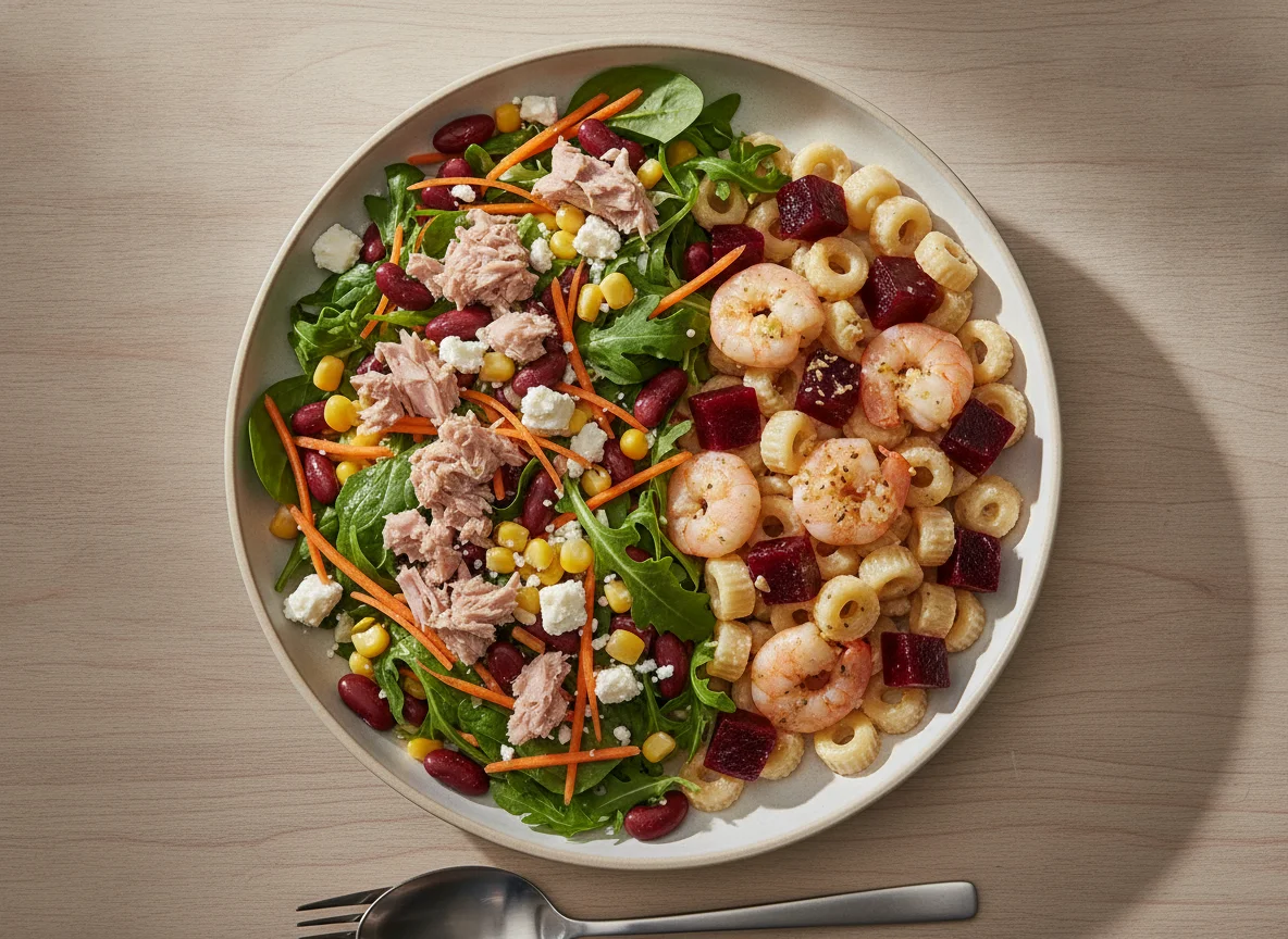 Mixed Salad with Tuna and Shrimp Pasta with Beetroot photo