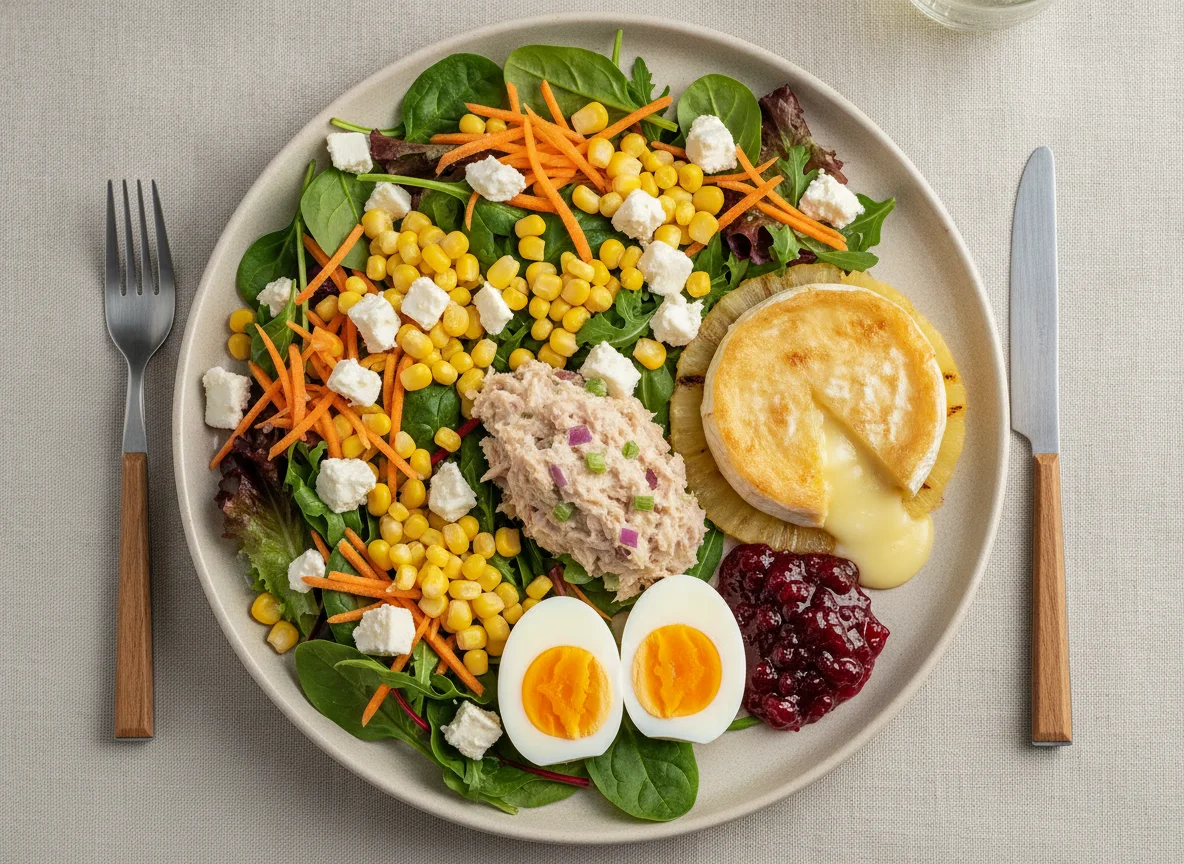 Mixed Salad with Tuna, Eggs, and Baked Camembert photo