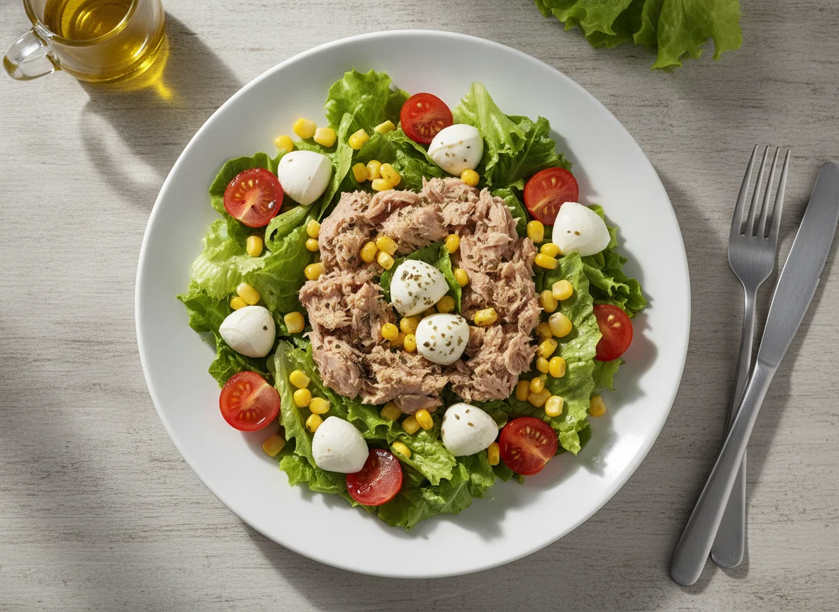Mixed salad with tuna, mozzarella, and corn photo