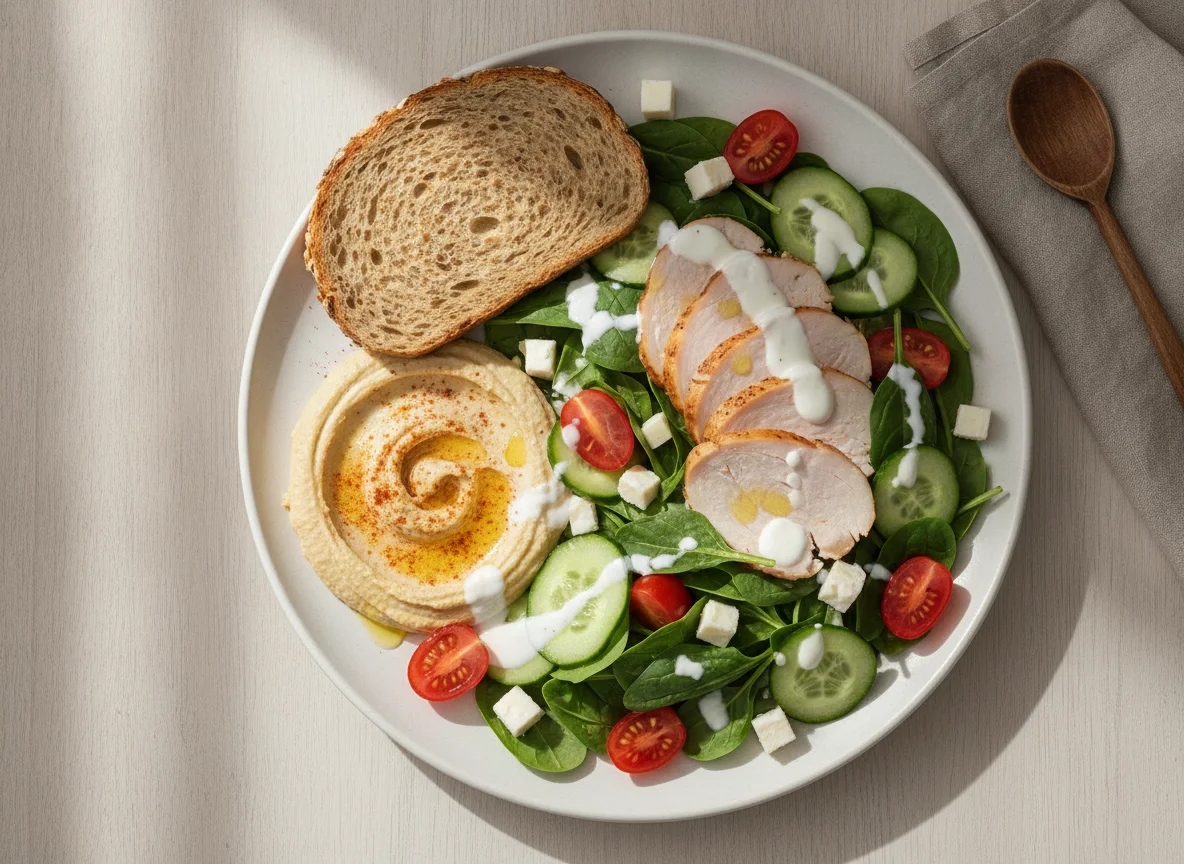 Mixed Salad with Turkey, Hummus, and Whole Grain Bread photo