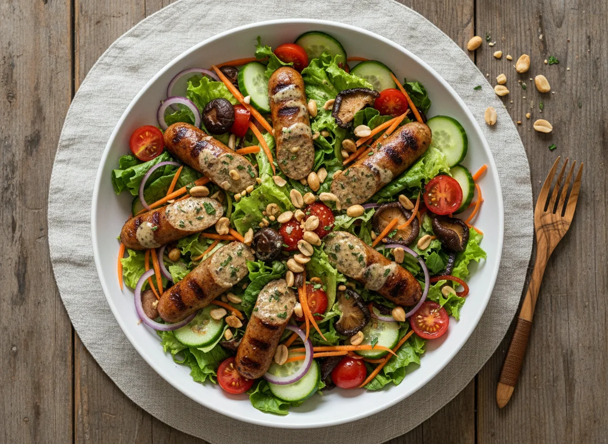 Mixed Salad with Vegan Sausages and Mushrooms photo