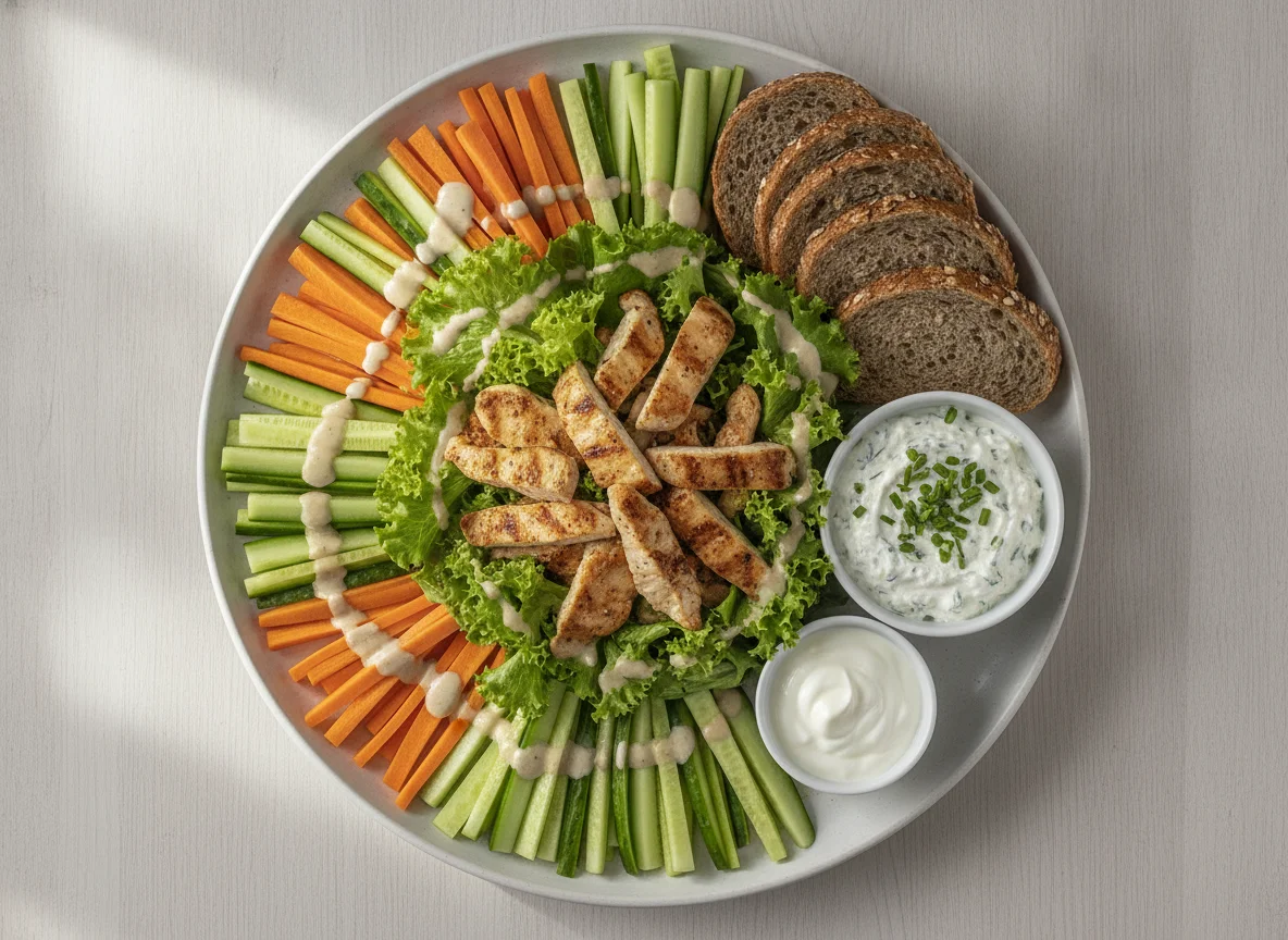 Mixed salad with vegetable sticks, dip, and bread photo