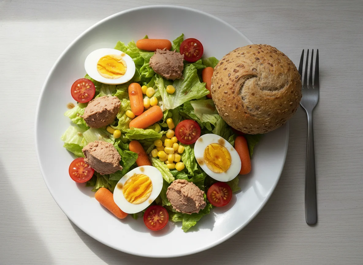 Mixed salad with whole grain bread and egg photo