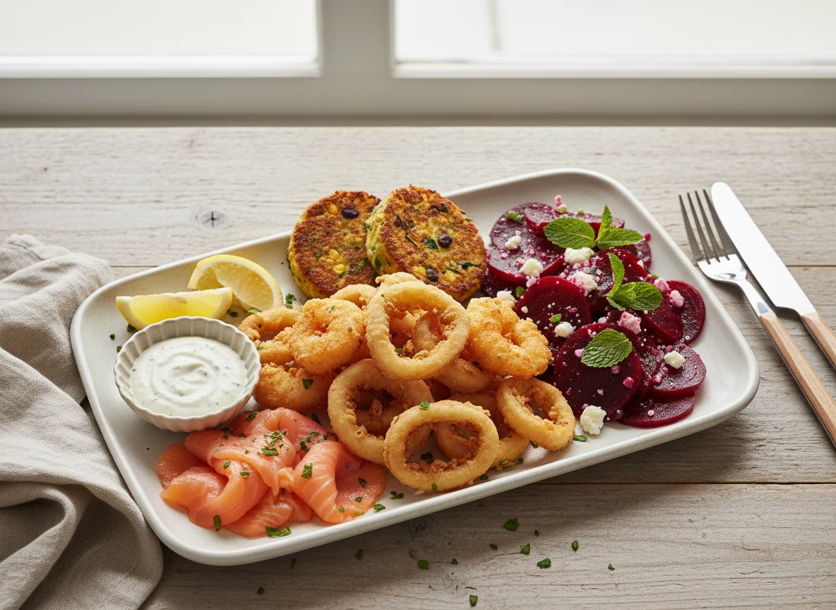 Mixed Seafood Platter with Salad and Sauce photo