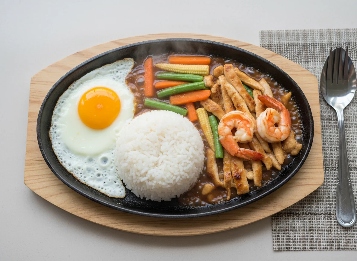 Mixed Sizzling Plate with Rice and Egg photo