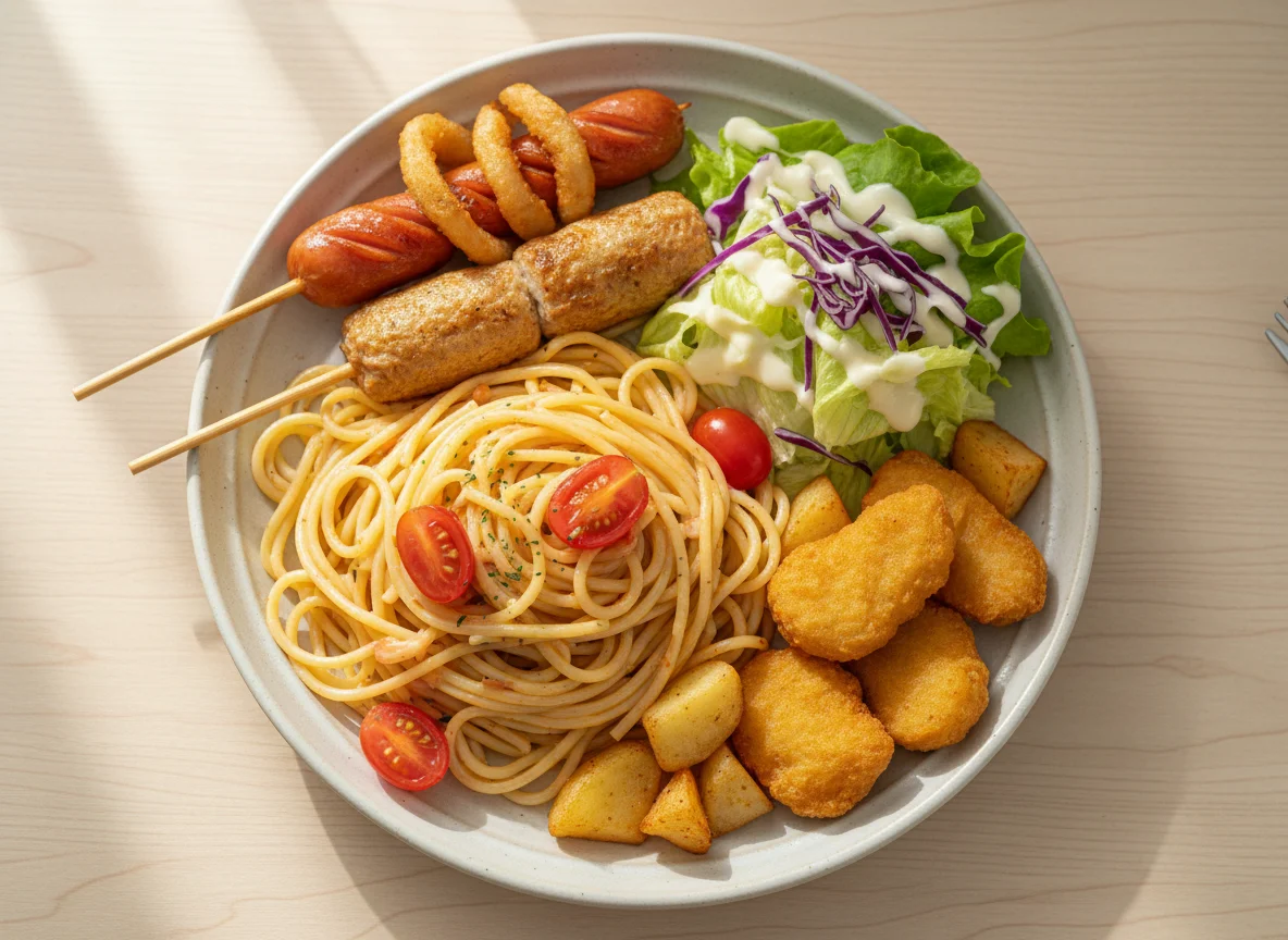 Mixed Skewers and Spaghetti with Salad photo
