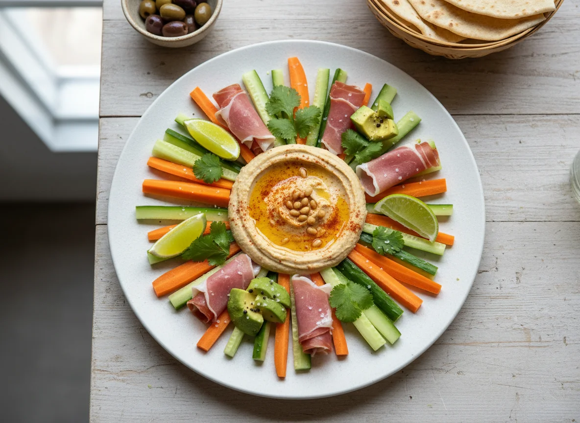 Mixed snack plate with hummus, carrots, ham, and avocado photo