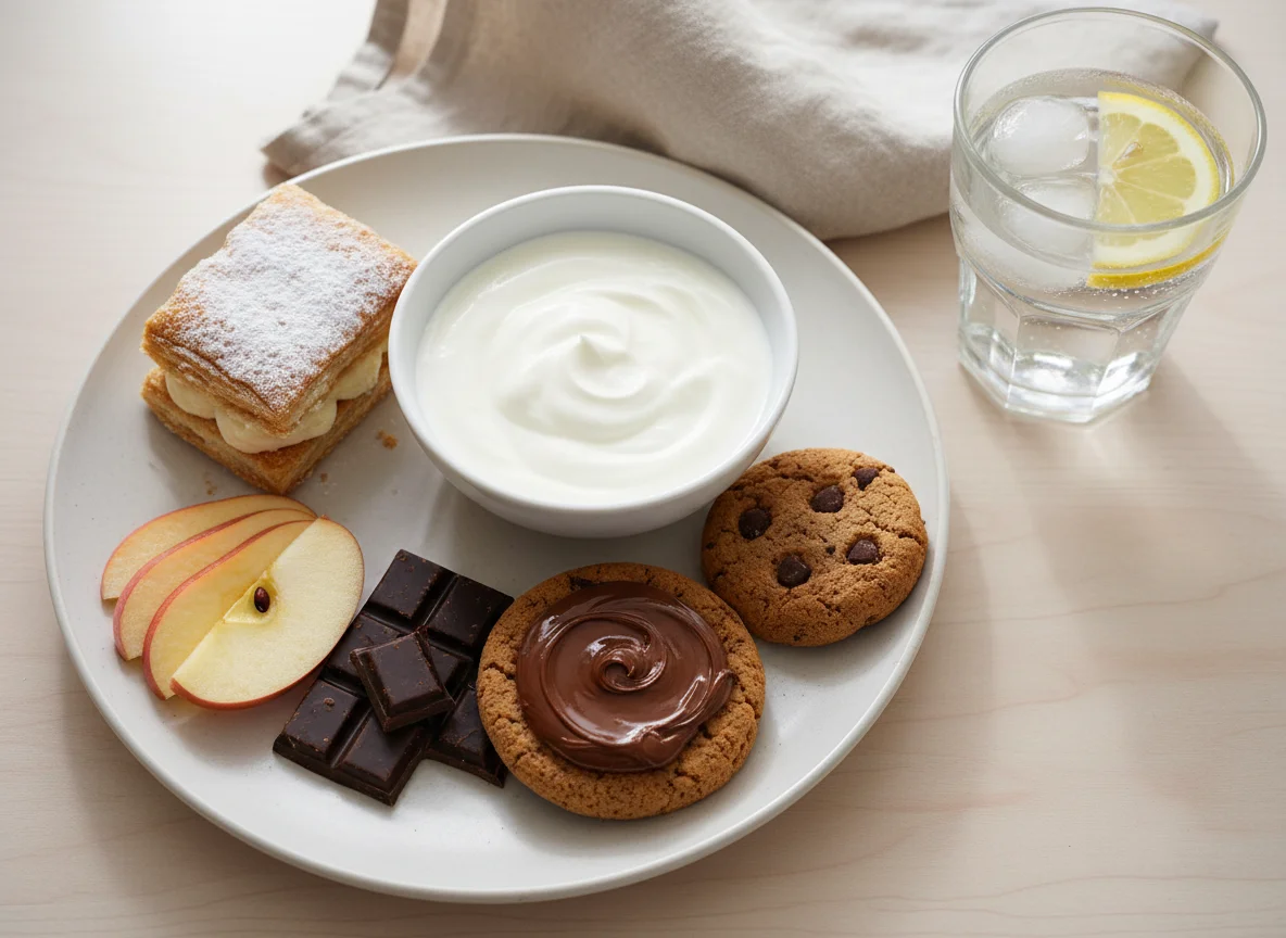 Mixed snack plate with yogurt and water photo