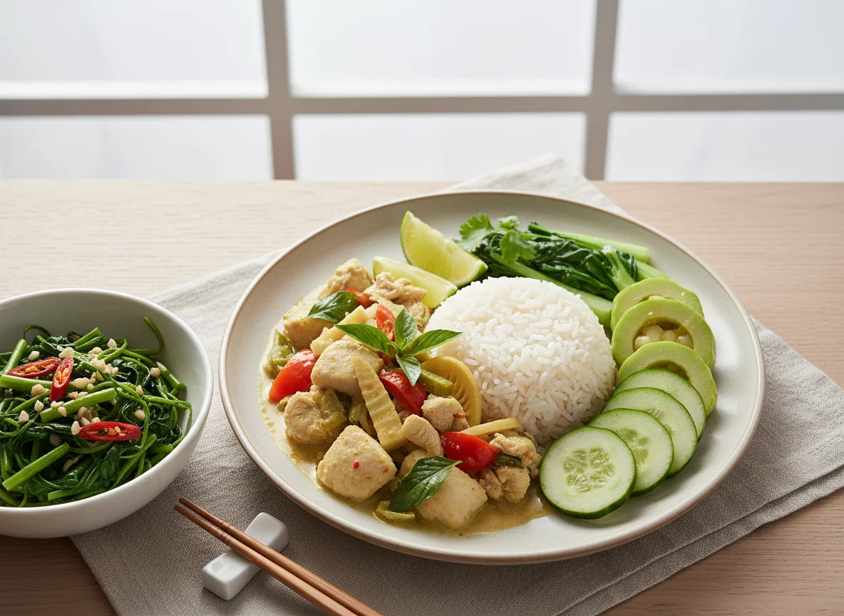 Mixed Thai-style meal with vegetables and curry photo