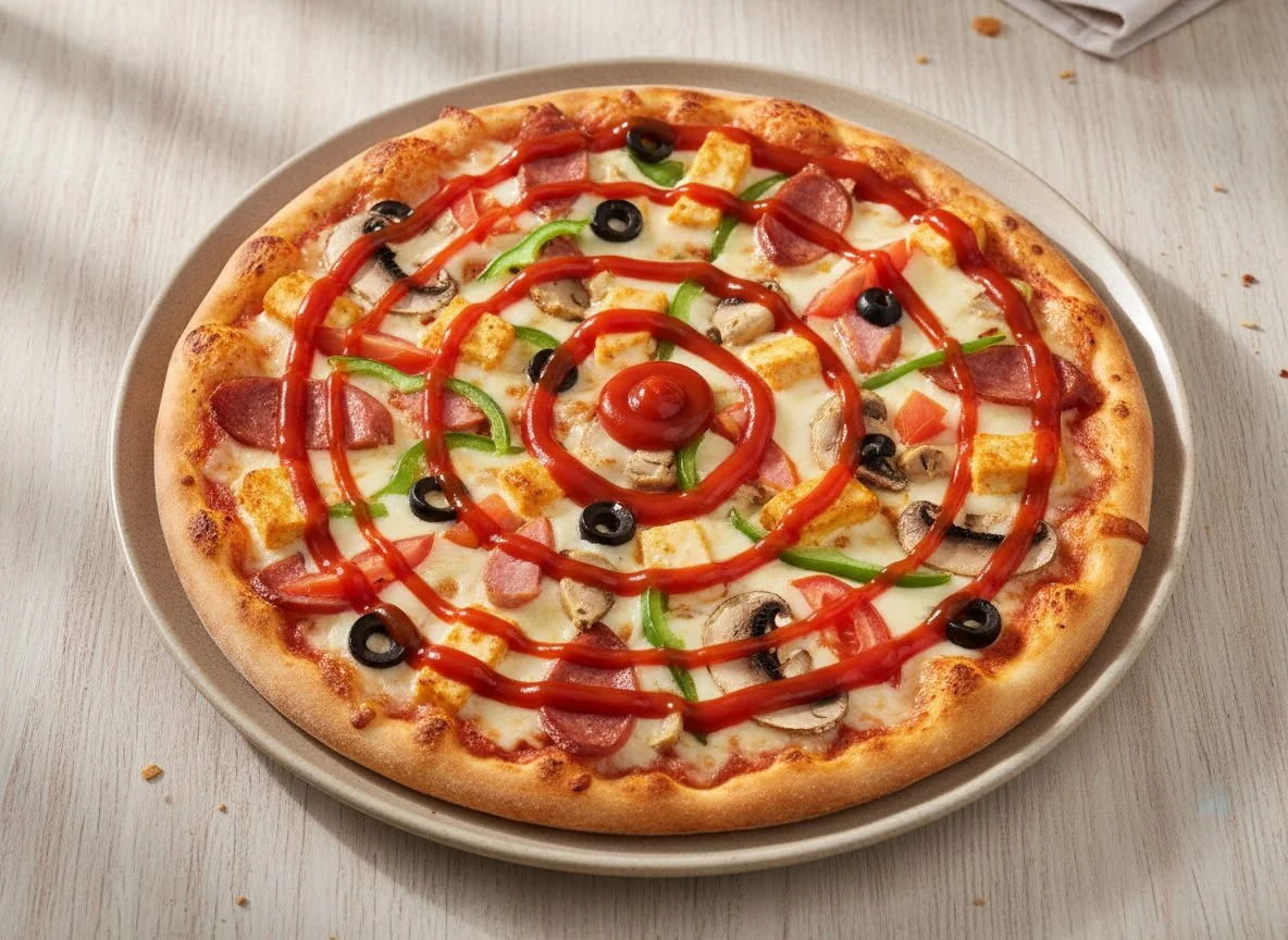 Mixed Topping Pizza with Ketchup photo