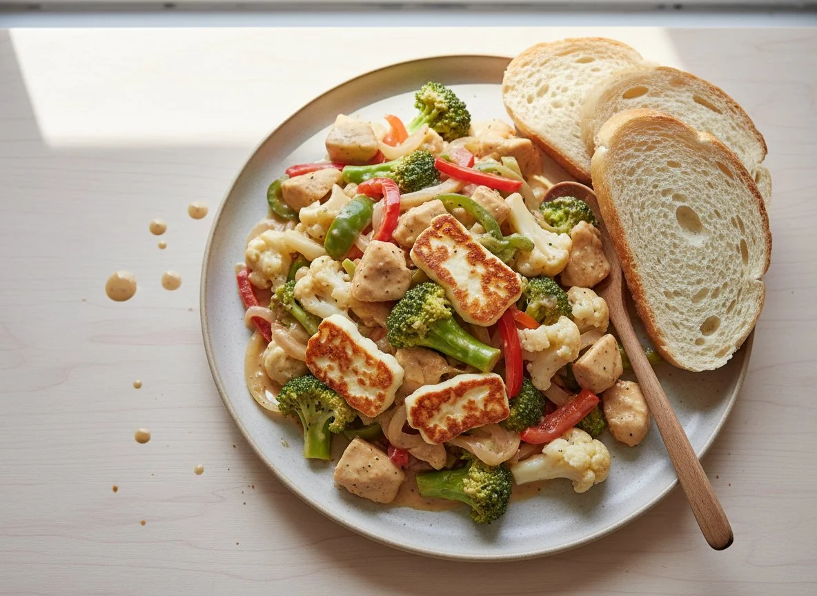 Mixed Vegetable and Chicken Stir-fry with Halloumi and Bread photo