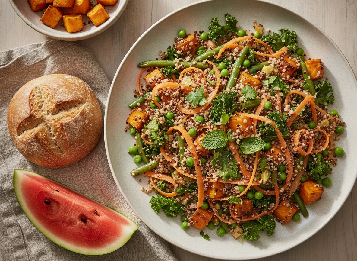 Mixed vegetable and grain salad with bread and watermelon photo