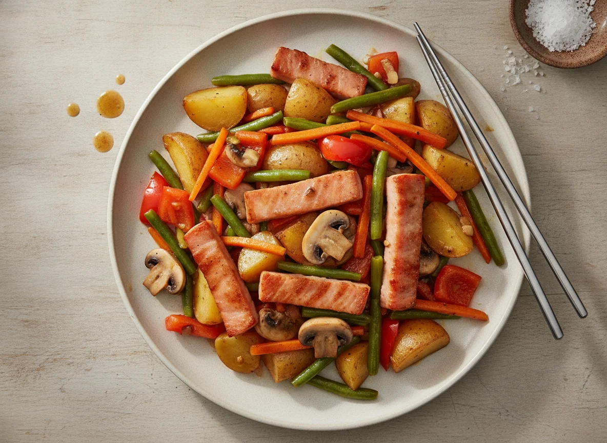 Mixed vegetable and ham stir-fry photo