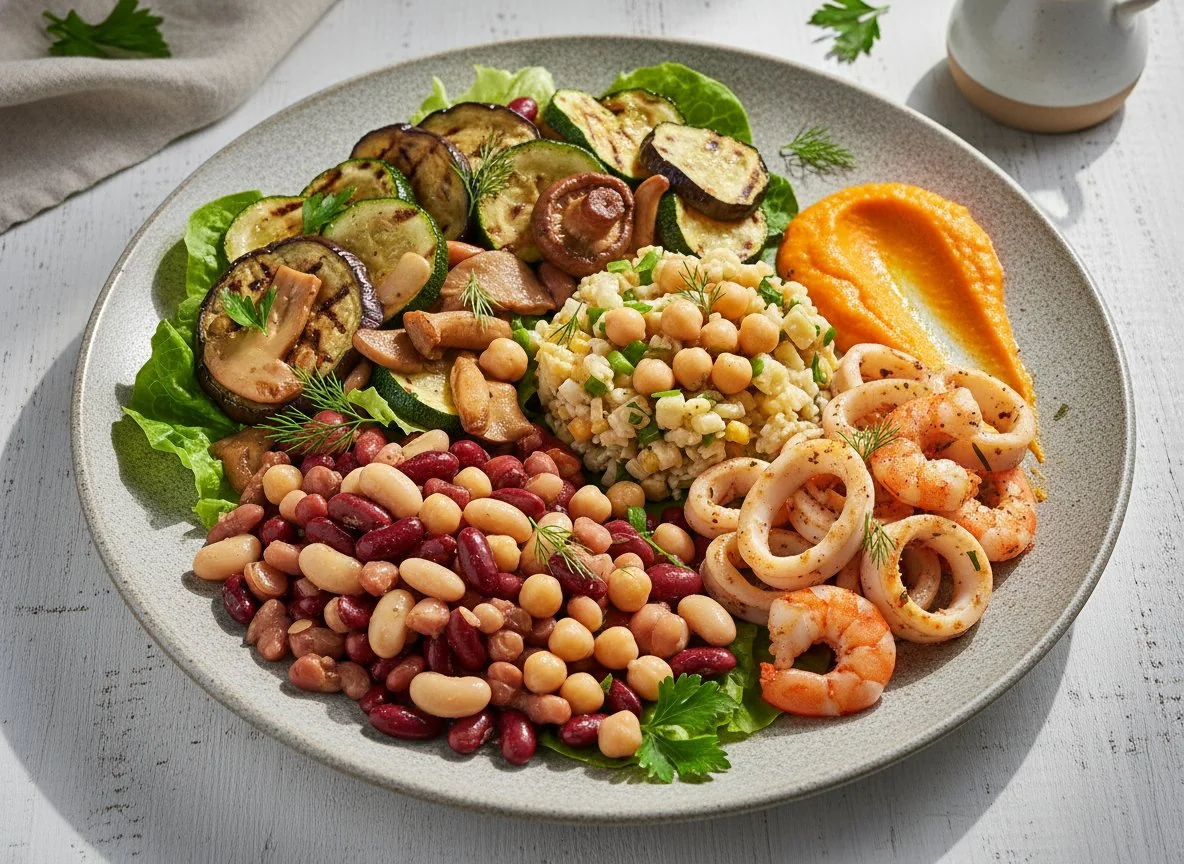 Mixed Vegetable and Legume Salad with Seafood photo