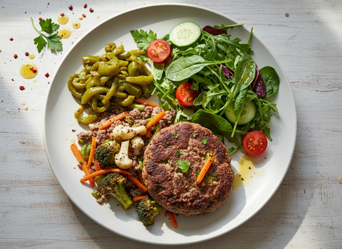 Mixed Vegetable and Meat Patty with Peppers and Side Salad photo
