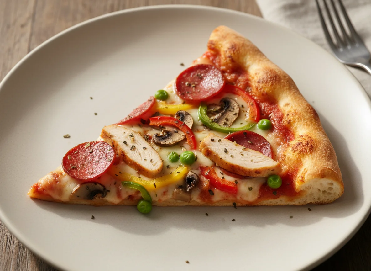 Mixed Vegetable and Meat Pizza Slice photo