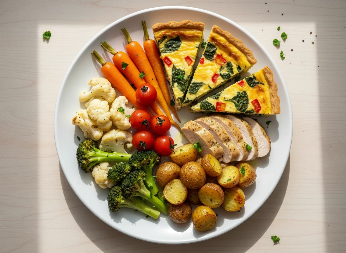 Mixed Vegetable and Meat Plate with Quiche photo