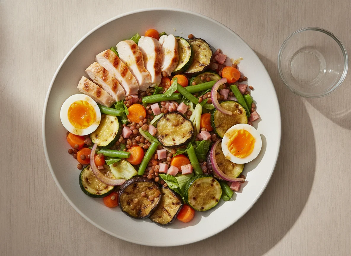 Mixed vegetable and protein salad photo