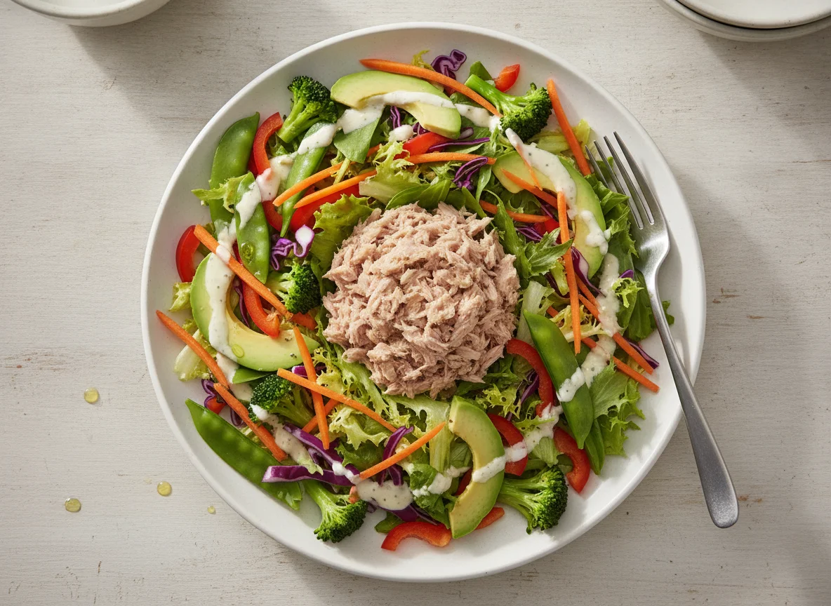 Mixed Vegetable and Tuna Salad with Creamy Dressing photo