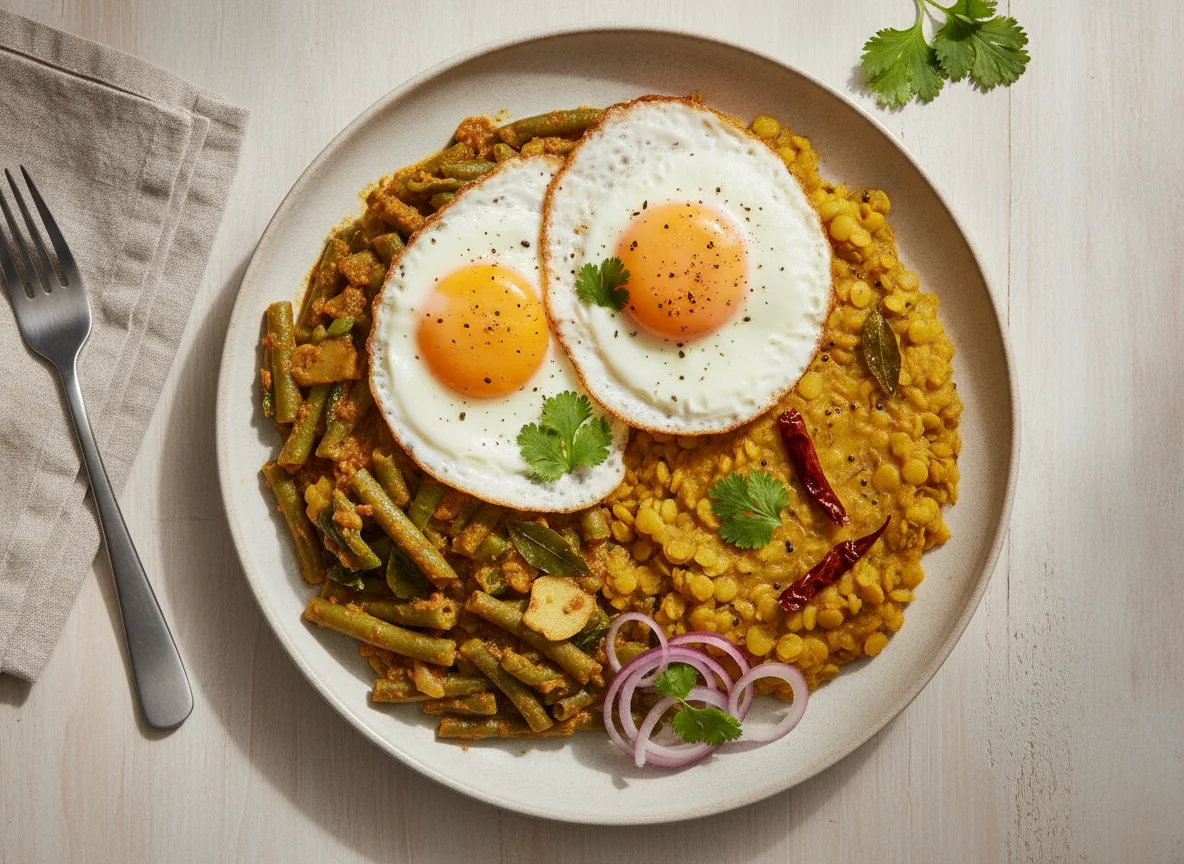 Mixed Vegetable Curry with Fried Eggs photo