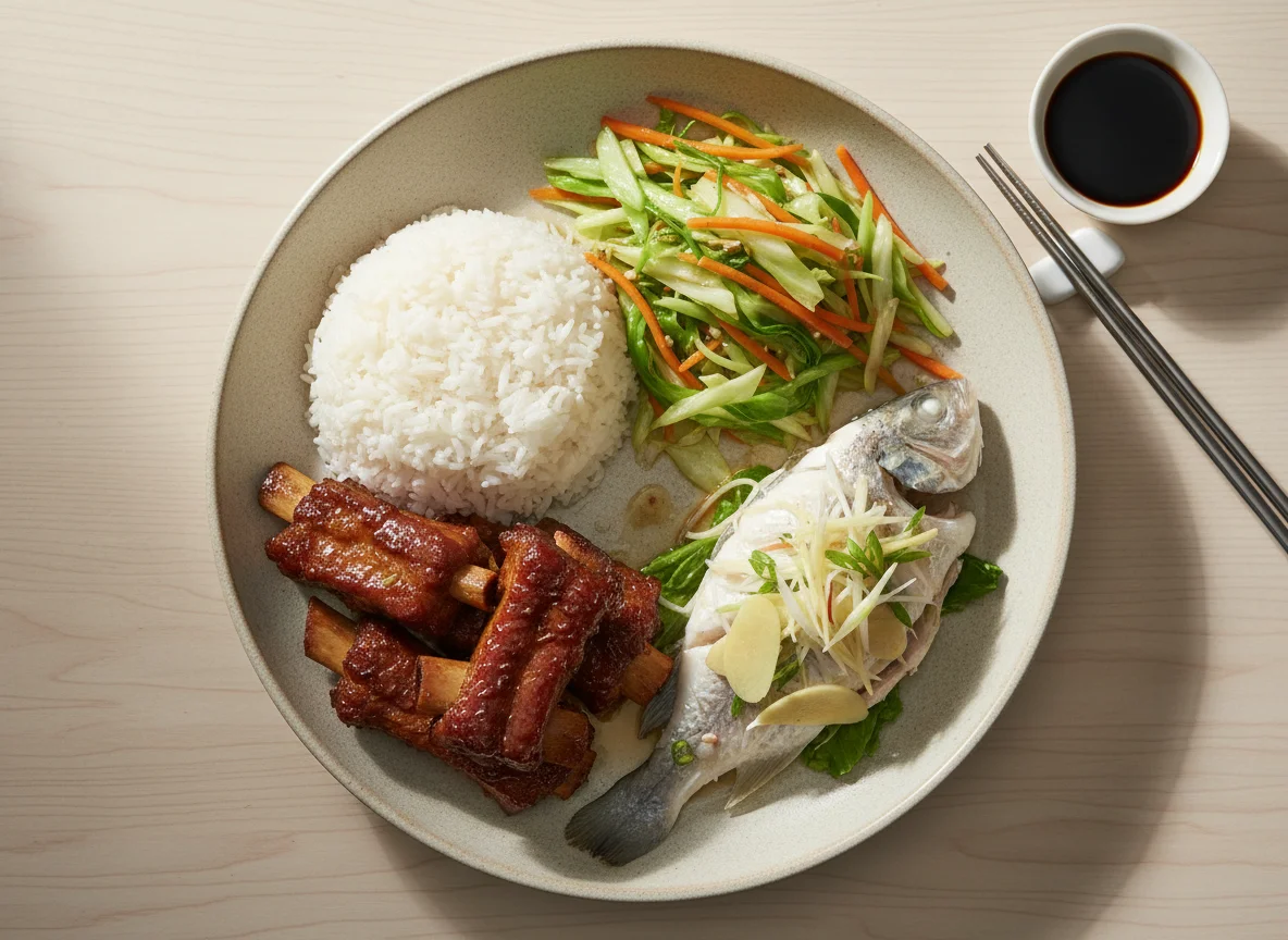 Mixed Vegetable Rice with Pork Ribs and Steamed Fish photo