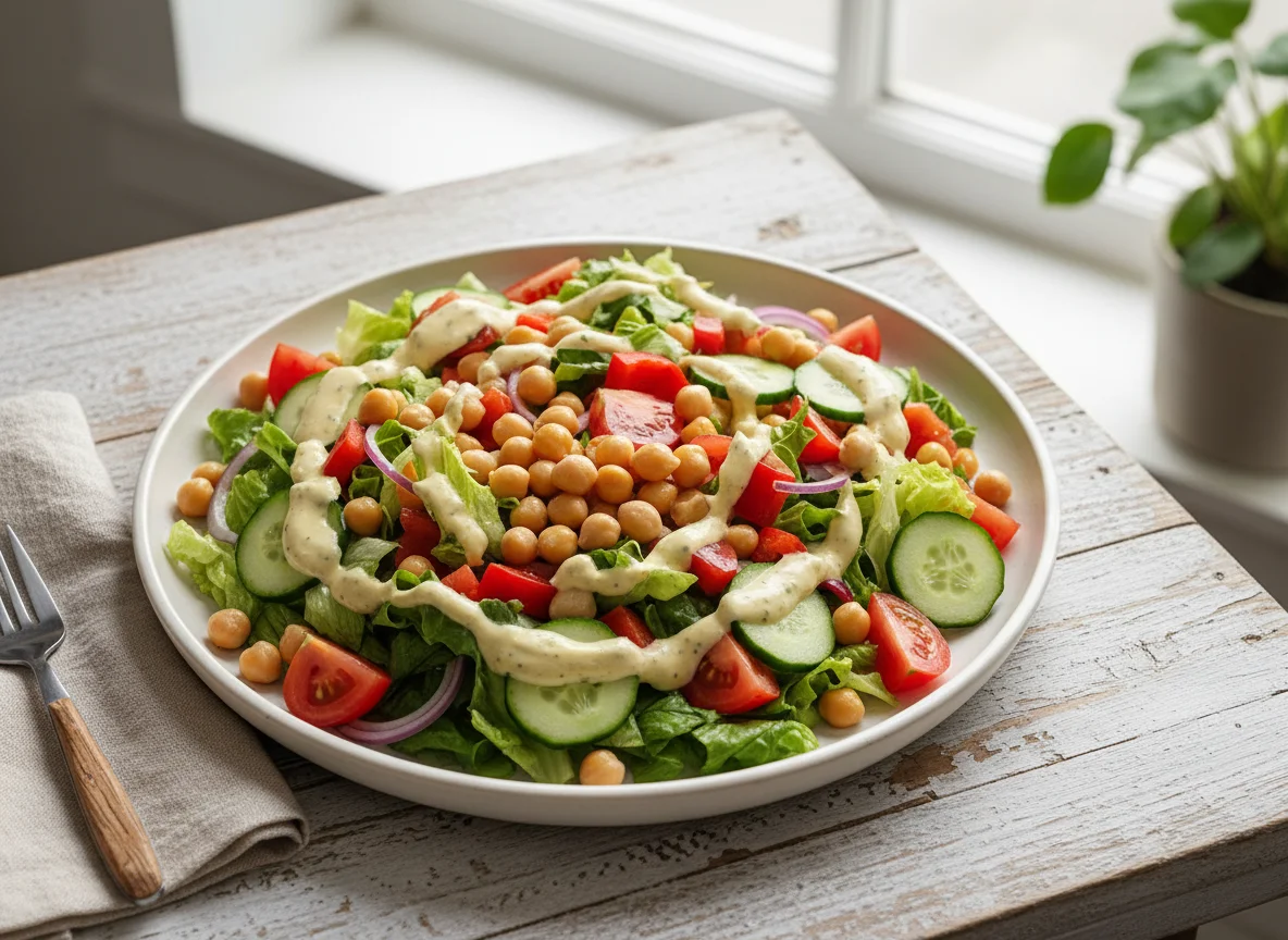 Mixed Vegetable Salad with Chickpeas and Dressing photo