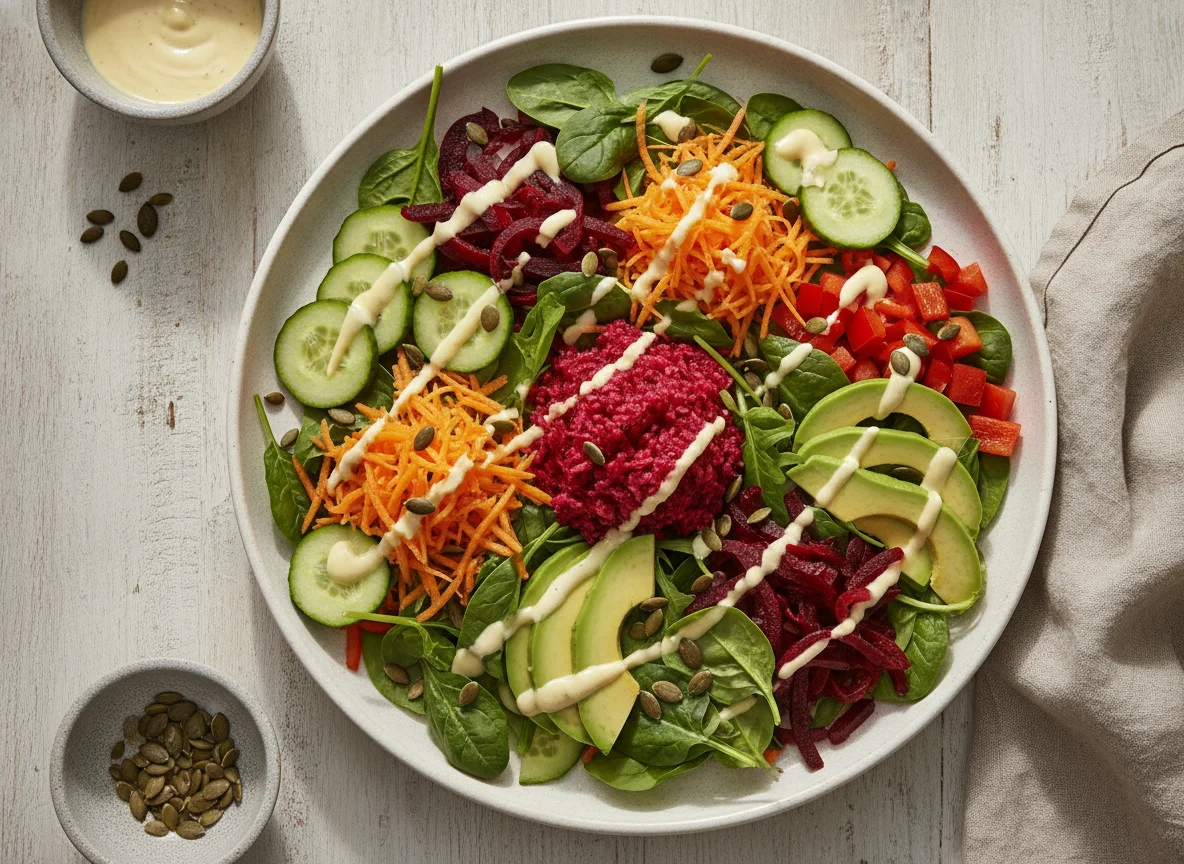Mixed Vegetable Salad with Seeds and Dressing photo