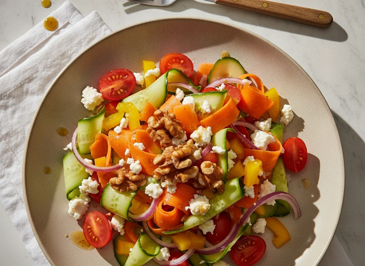 Mixed vegetable salad with walnuts and feta photo