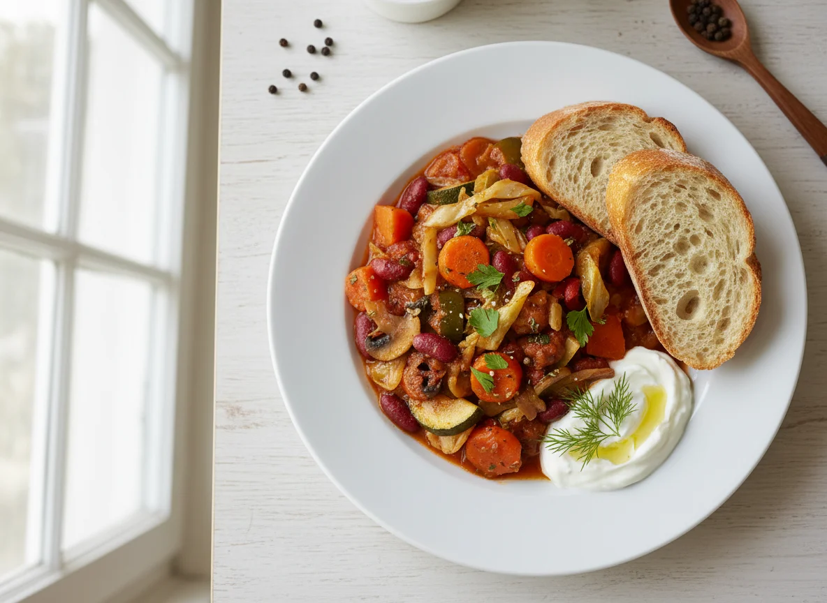 Mixed Vegetable Stew with Bread and Tzatziki photo