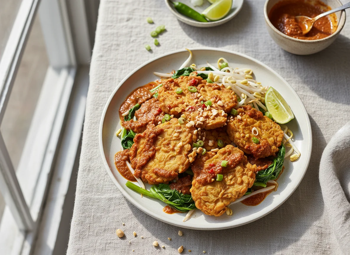 Mixed Vegetables with Fried Tempeh and Peanut Sauce photo