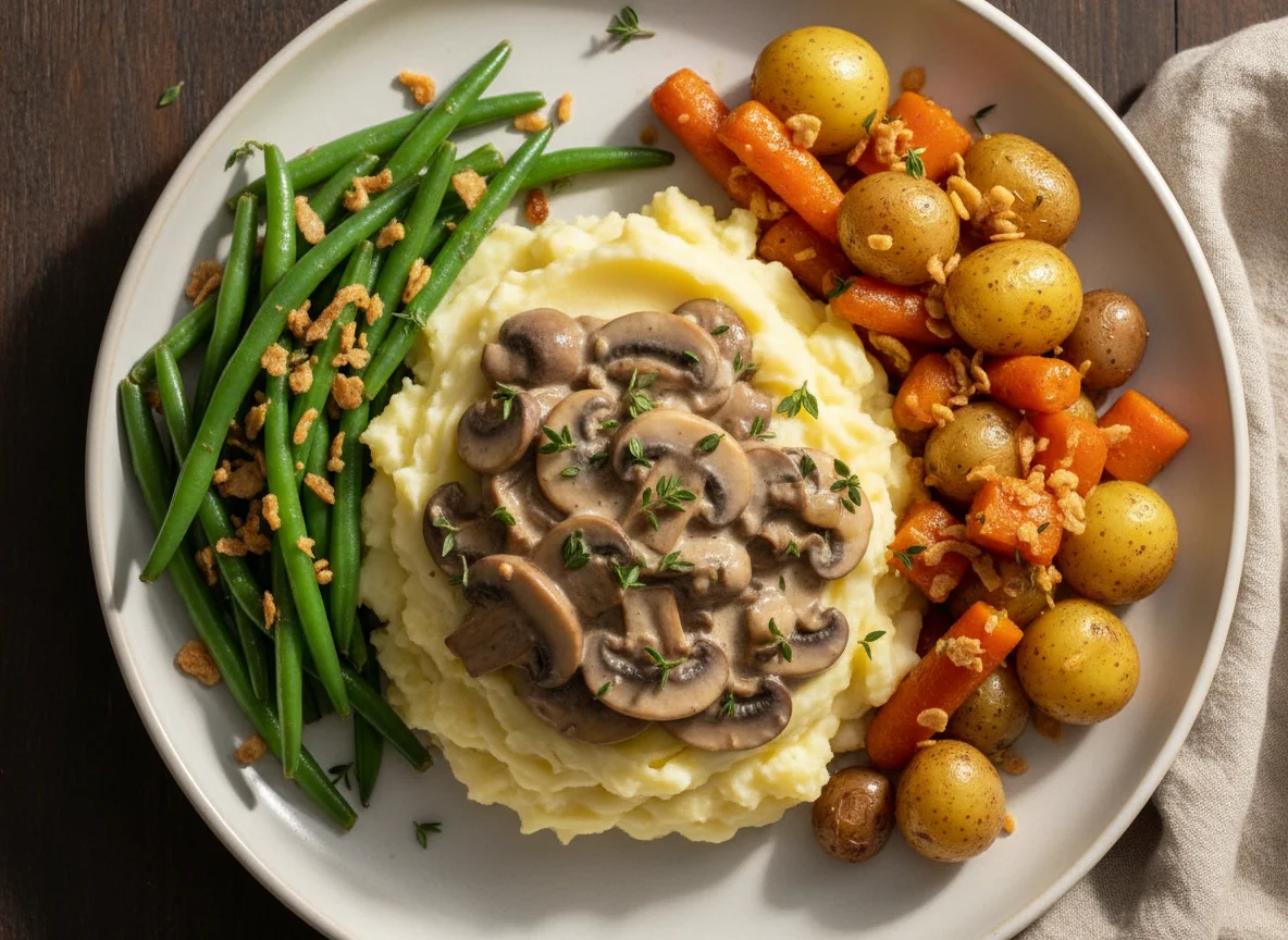 Mixed Vegetables with Mashed Potatoes and Creamy Mushroom Sauce photo