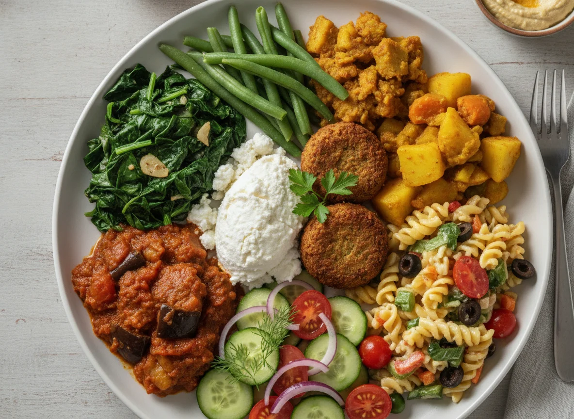 Mixed vegetarian plate with falafel and cottage cheese photo
