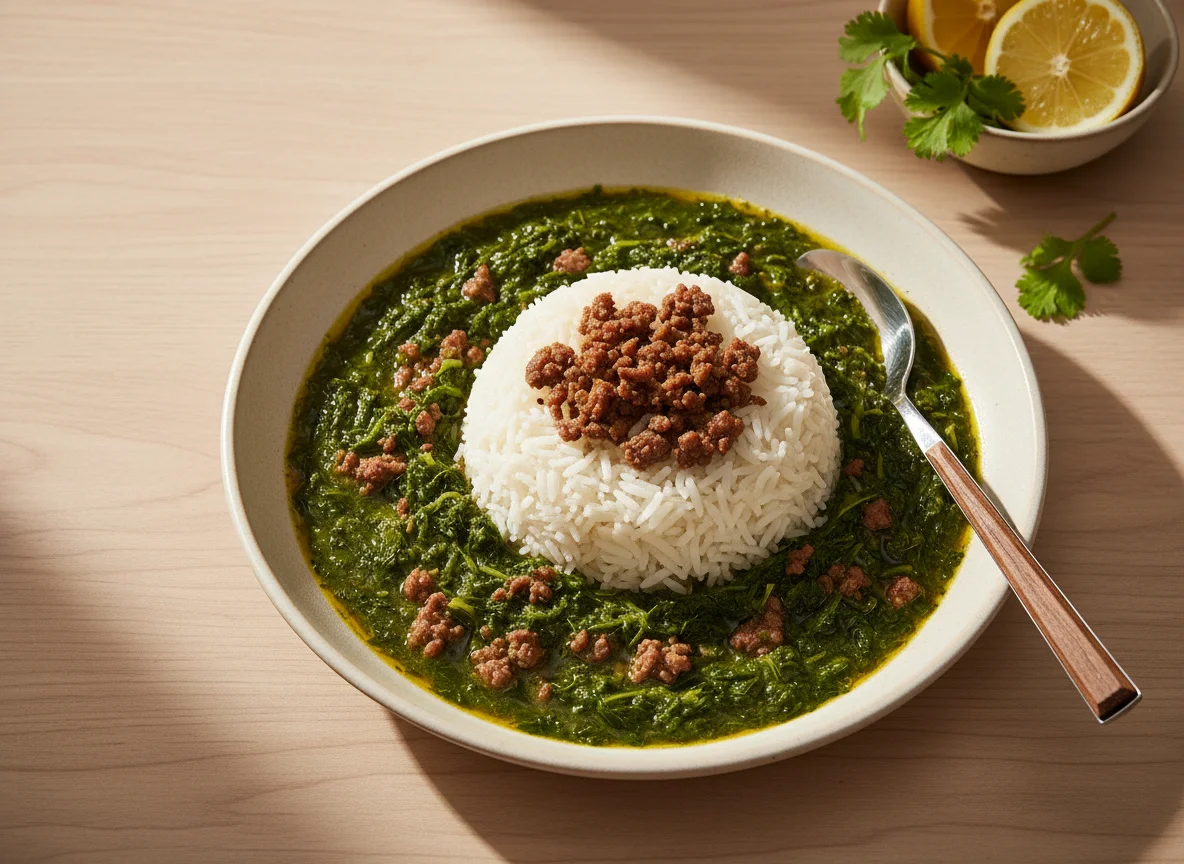 Molokhia with Minced Meat and Rice photo