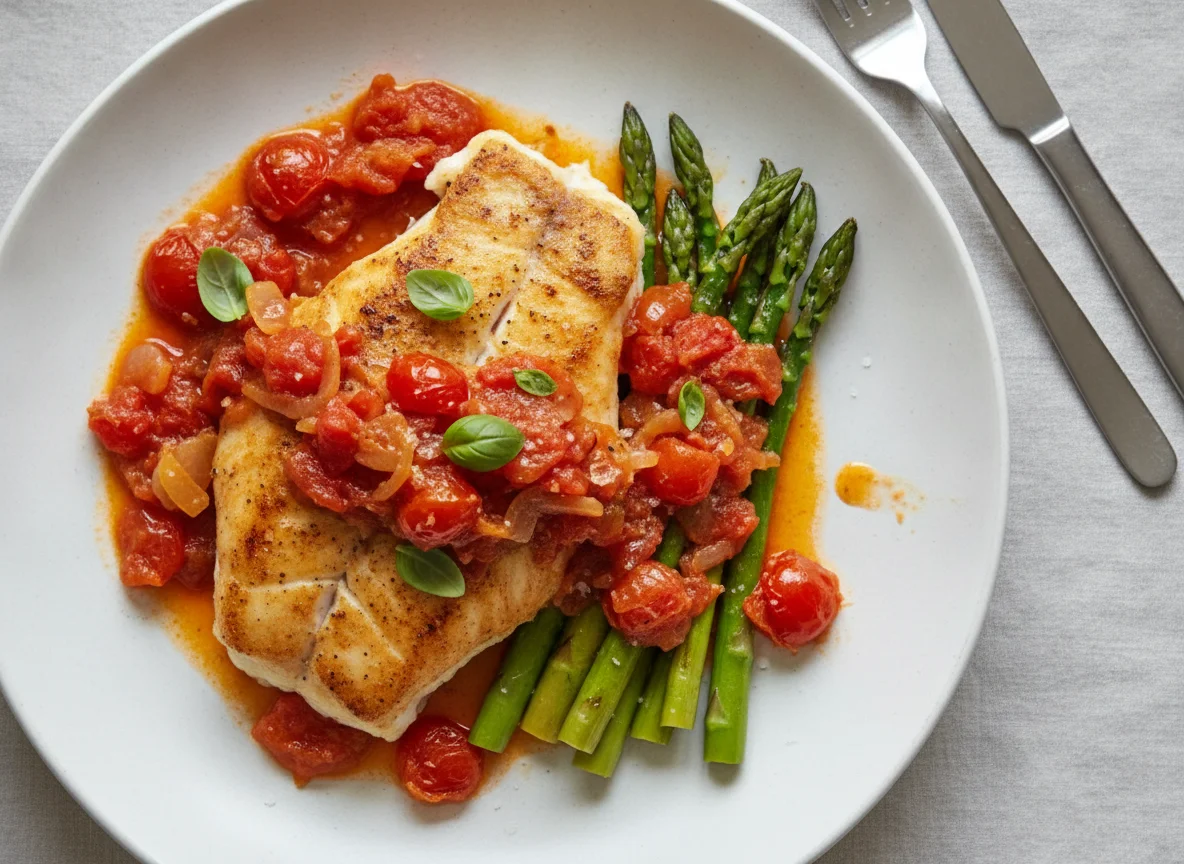 Monkfish with Tomato and Onion Sauce and Asparagus photo