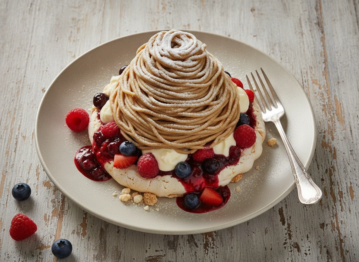 Mont Blanc style dessert with berry filling photo