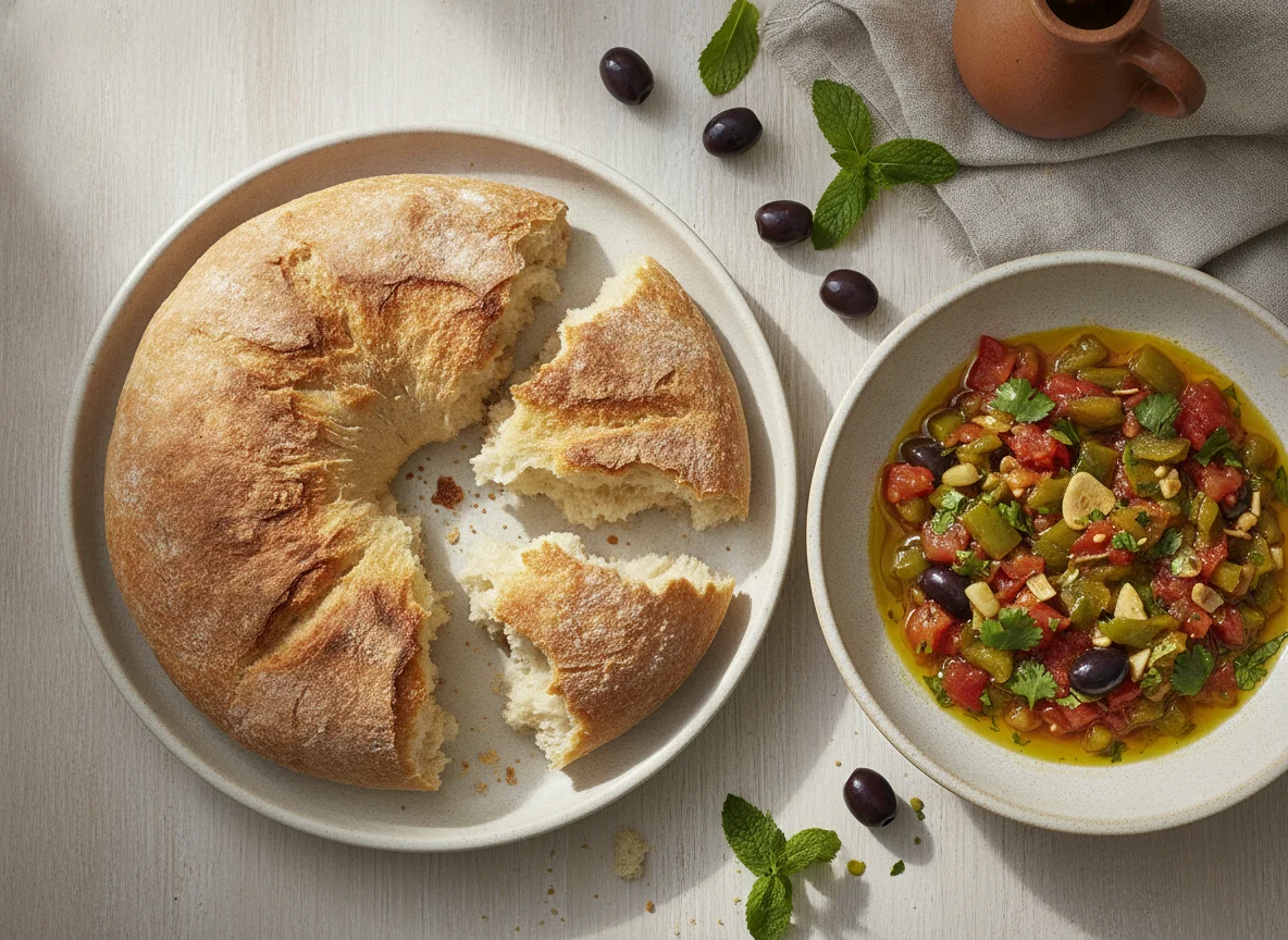 Moroccan Bread with Taktouka-style Salad photo