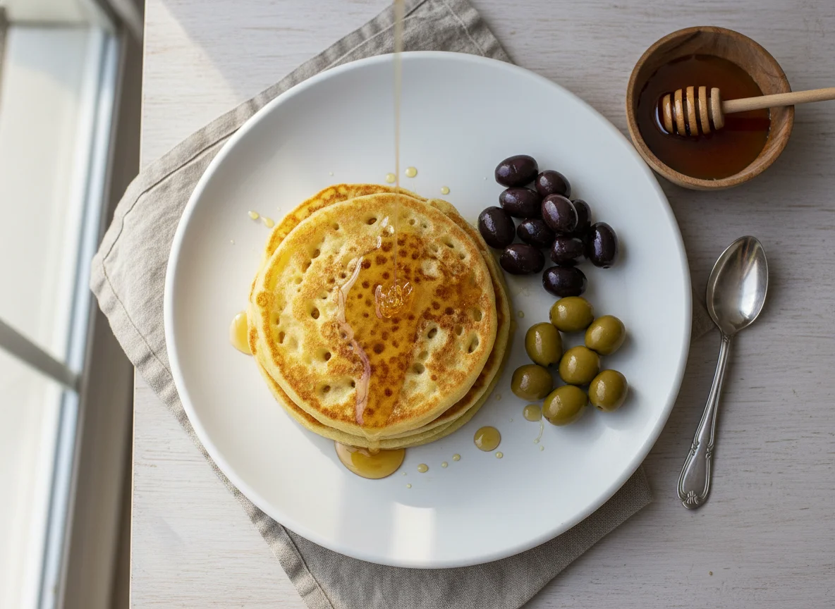 Moroccan Breakfast with Baghrir, Olives, and Honey photo
