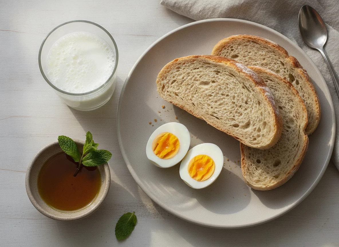Moroccan Breakfast with Eggs, Bread, and Milk photo