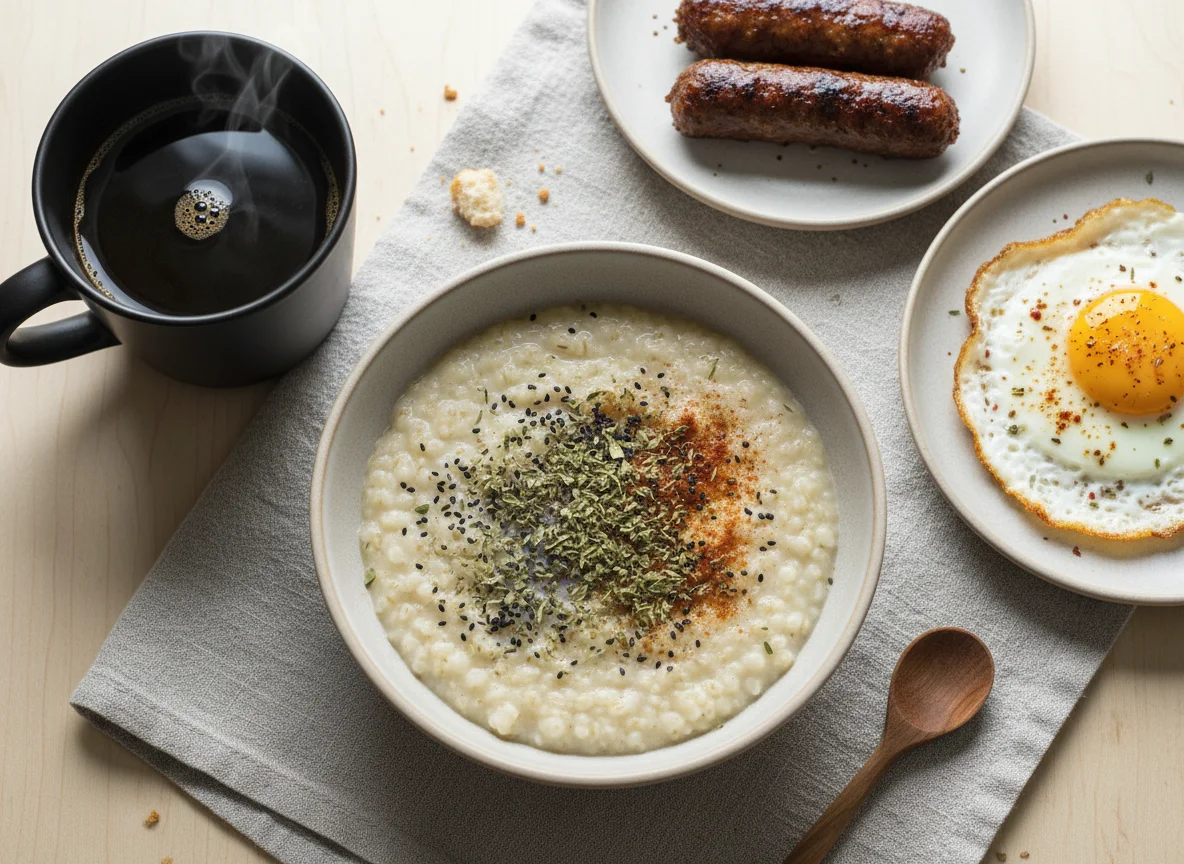 Moroccan Breakfast with Porridge, Eggs, and Coffee photo
