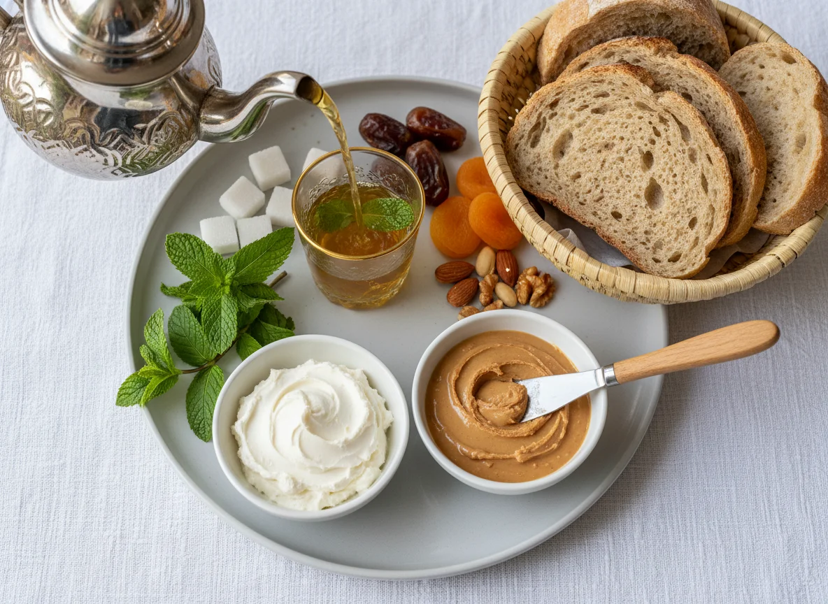 Moroccan Breakfast with Tea and Bread Spreads photo