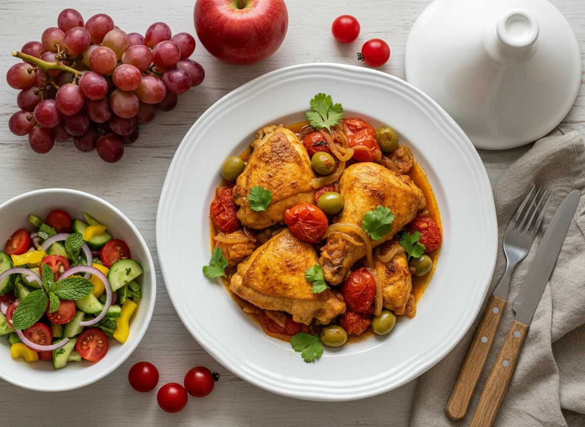 Moroccan Chicken Tagine with Salad and Fruit photo