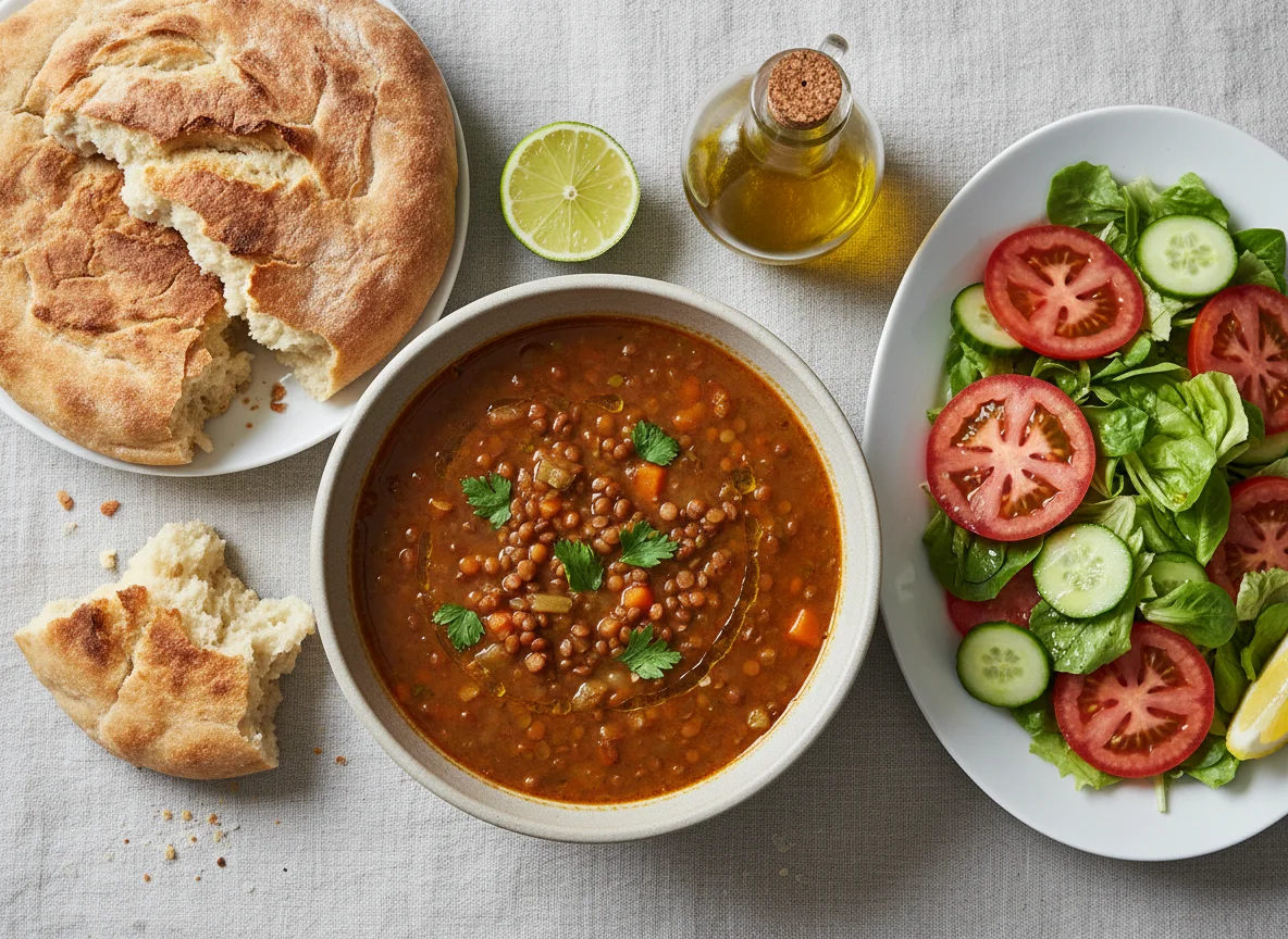 Moroccan Lentil Soup with Bread and Salad photo