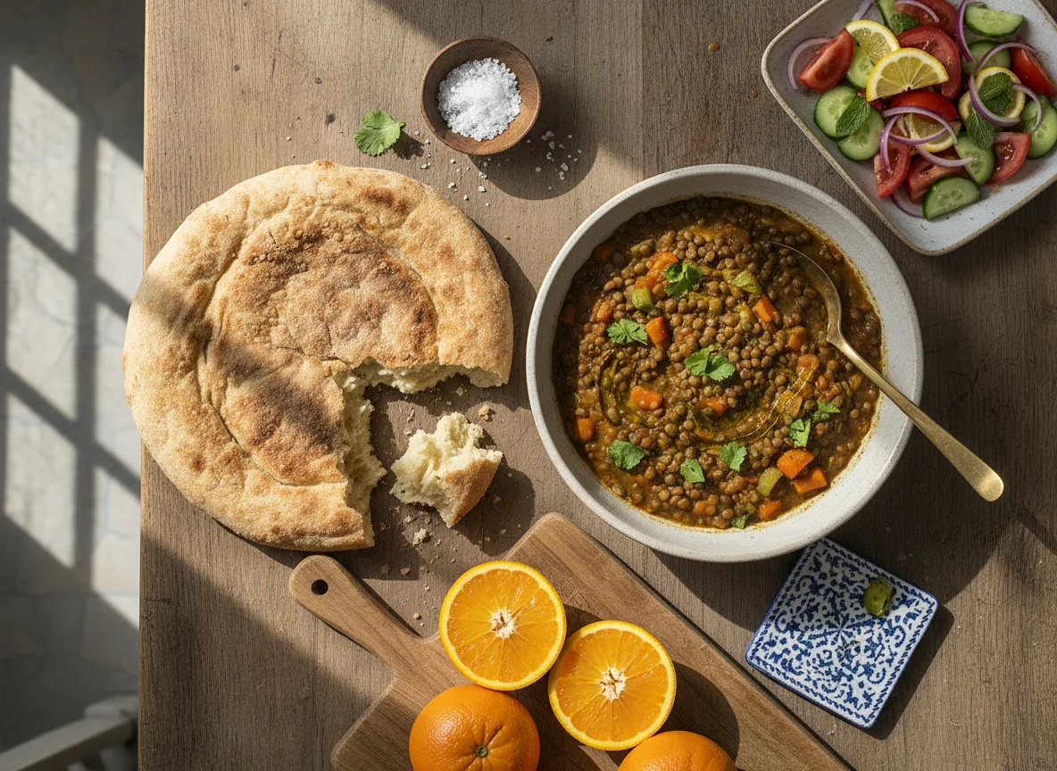 Moroccan Lentil Stew with Bread, Salad, and Oranges photo