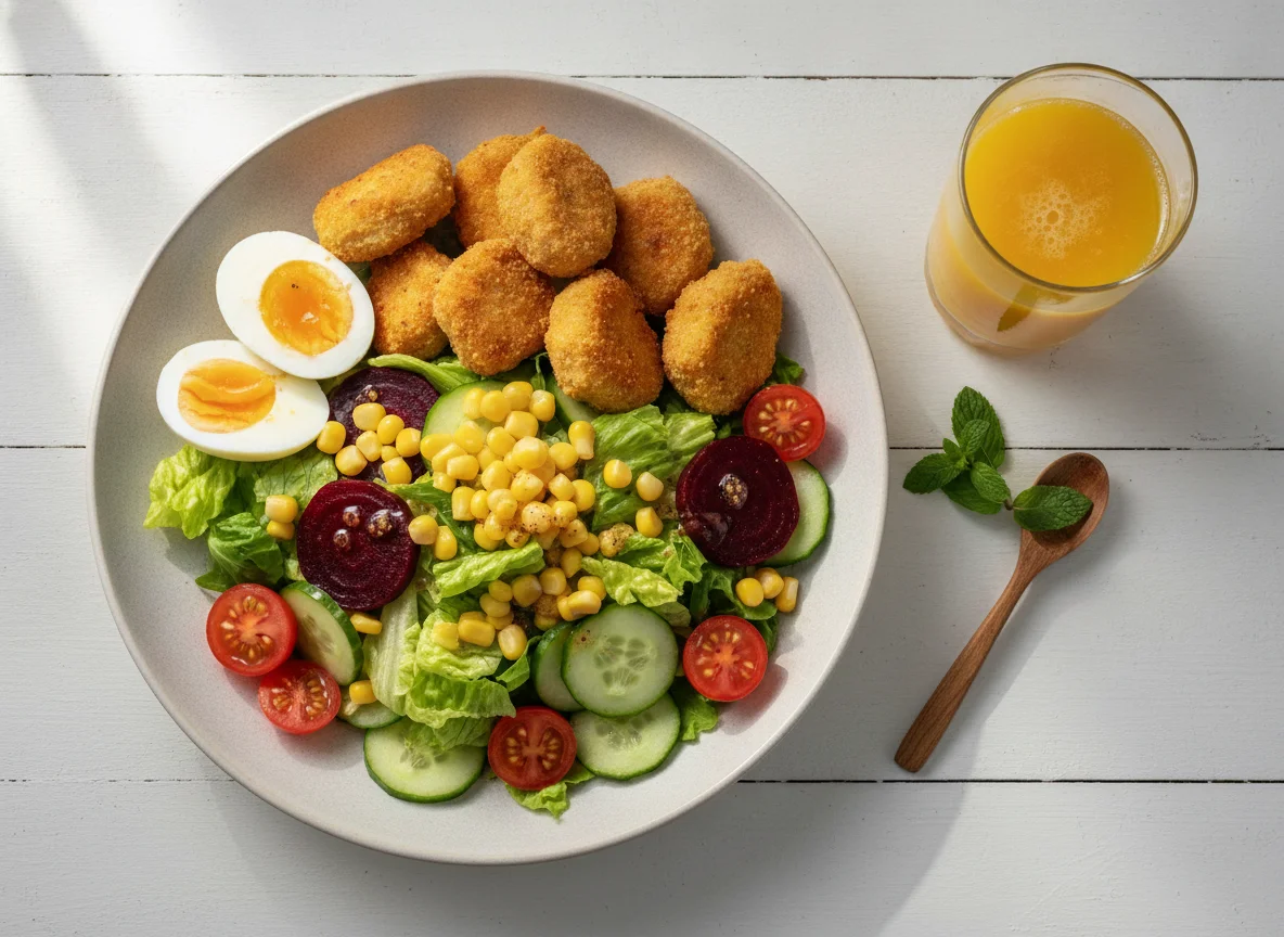 Moroccan Mixed Salad with Chicken Nuggets and Orange Juice photo