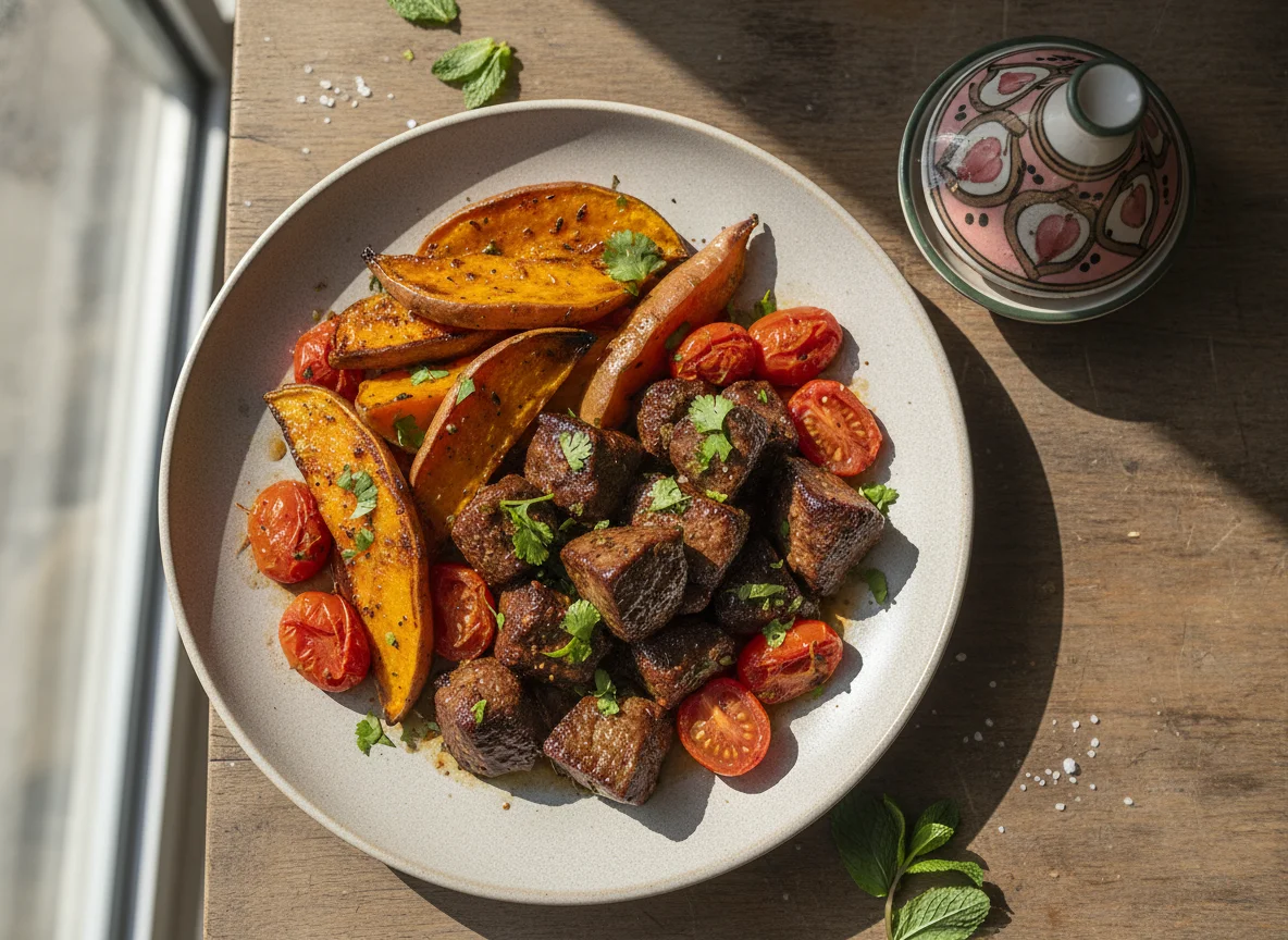 Moroccan Plate with Liver, Sweet Potatoes, and Tomatoes photo